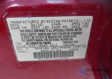 2010 Nissan Sentra 2.0Sl z USA, uszkodzony, nr VIN 3N1AB6AP7AL706368